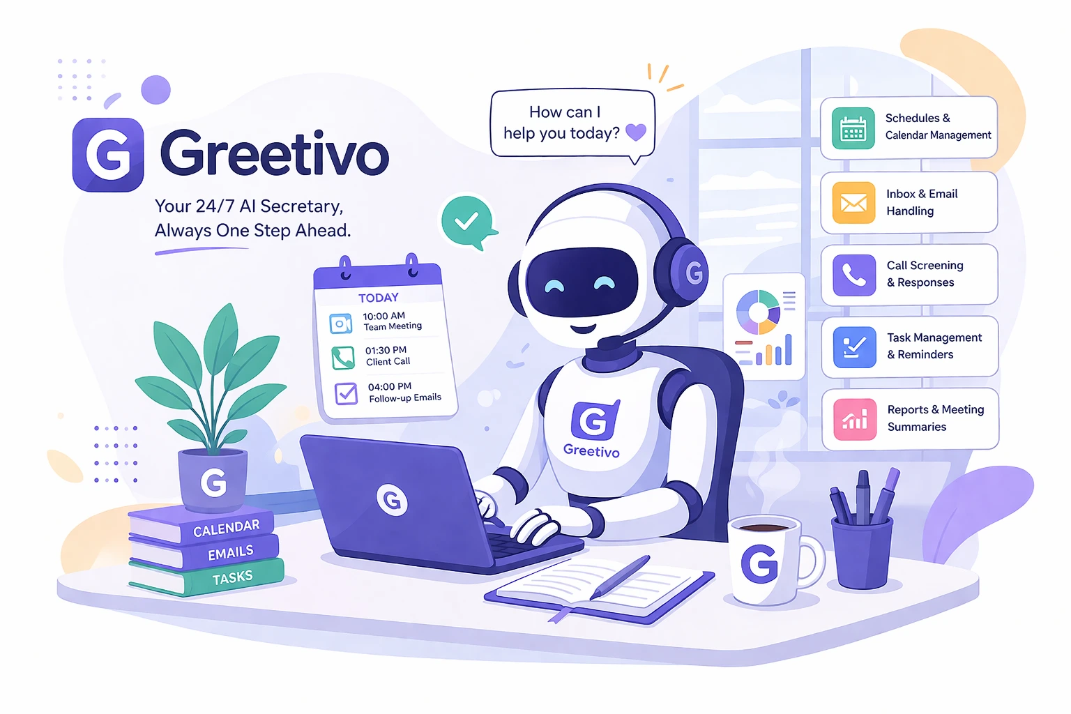 Greetivo AI secretary answering calls, handling appointments, and managing business tasks